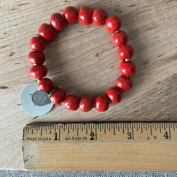 Simbi Red Clay Distressed Bead Stretch Bracelet Hand Stamped LOVE Charm - Picture 3 of 4